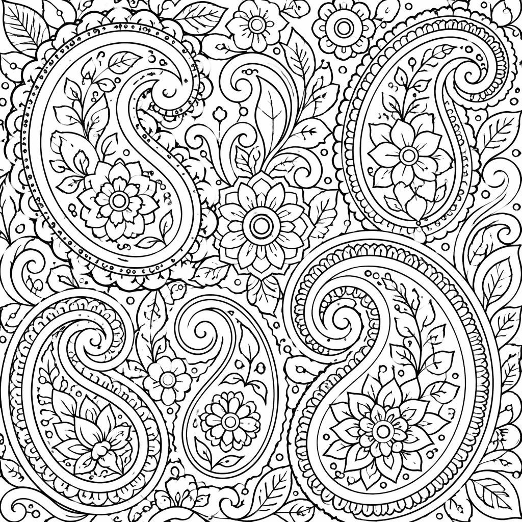 Black-and-white coloring page with intricate paisley patterns in a mandala-style geometric line-art layout.