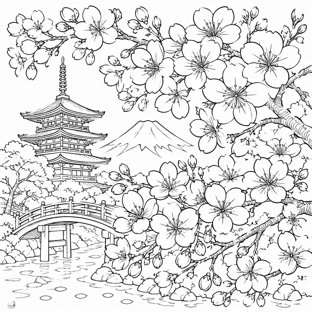 Black-and-white coloring page of realistic Japanese cherry blossom branches with clean closed outlines for adults.