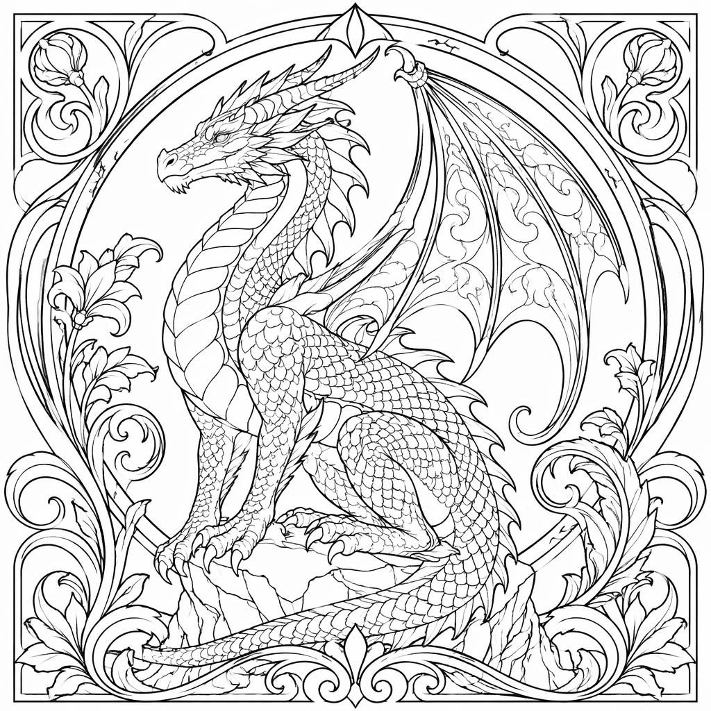 Black-and-white line art coloring page of an adult fantasy dragon in an intricate Art Nouveau style.