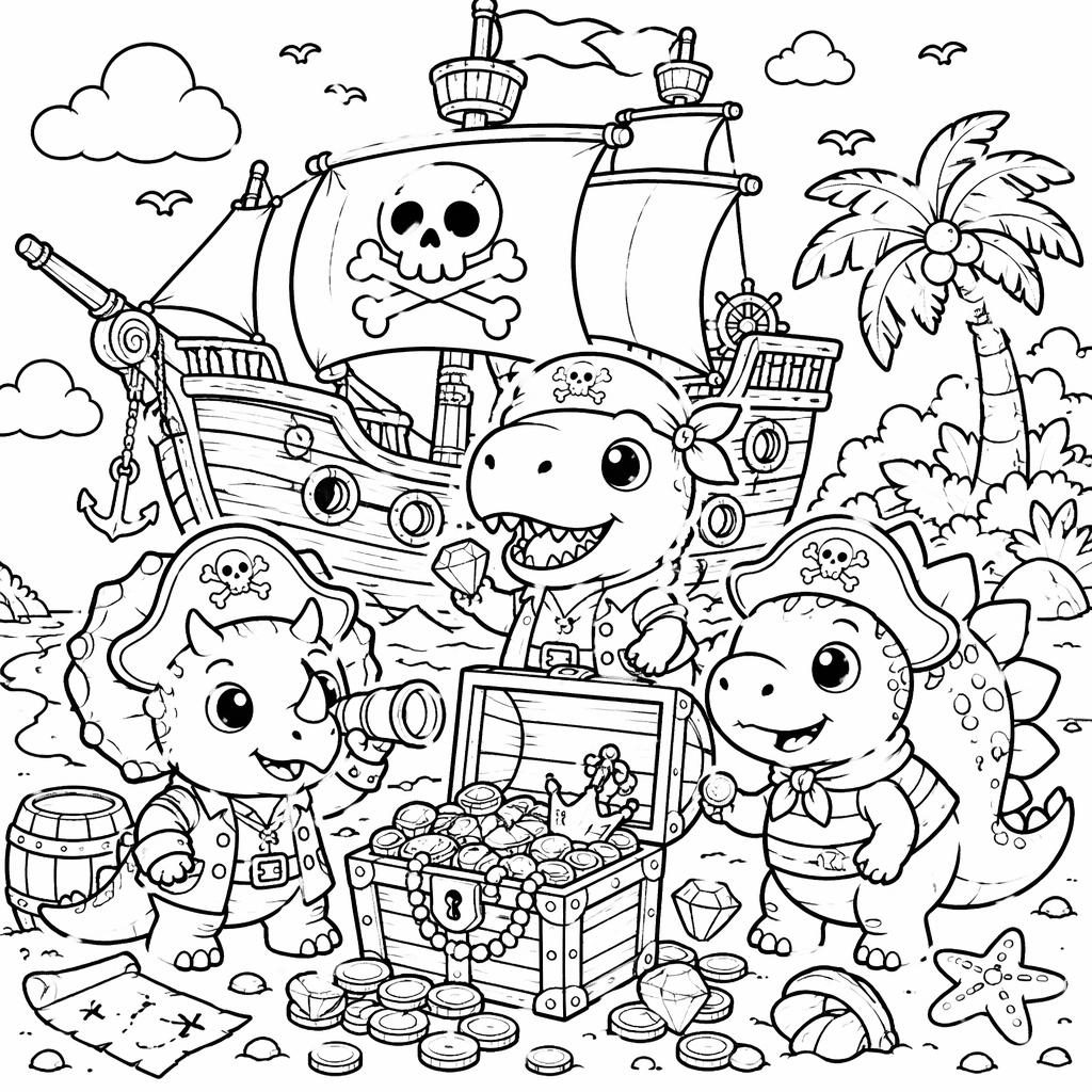 Black-and-white coloring page of kids by a pirate ship and treasure, with chunky manga-style outlines on white.