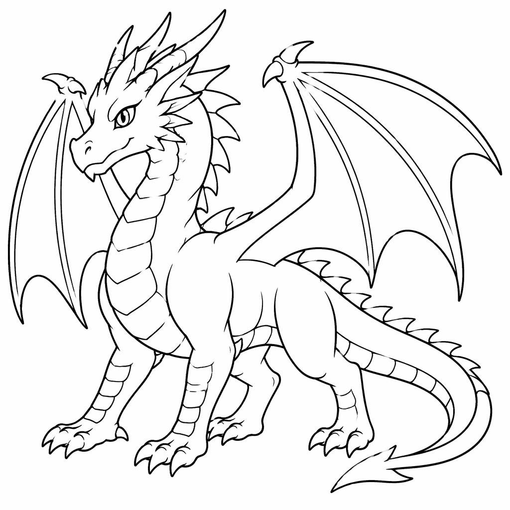 Černobílá omalovánka s dospělým fantasy drakem v jednoduchém manga stylu, čisté obrysy na bílém pozadí.