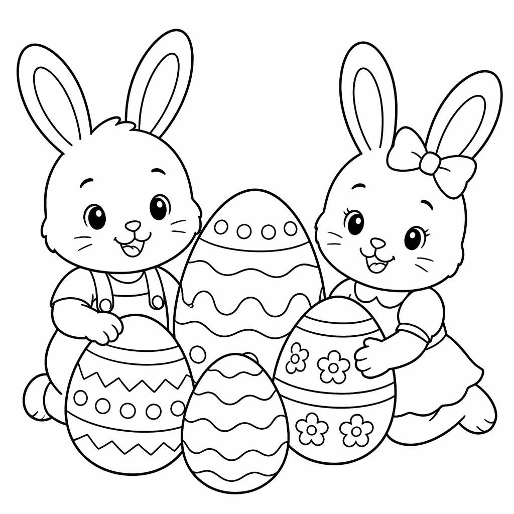 Ilustración para colorear en blanco y negro con huevos de Pascua y conejitos niños, trazos simples y cerrados.