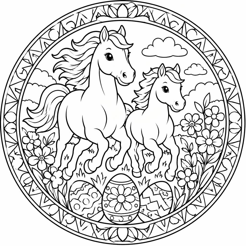 Illustration noir et blanc de chevaux courant, style mandala géométrique, gros contours, page à colorier pour enfants.