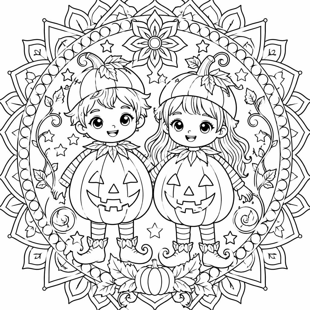 Černobílá omalovánka s dětskou halloweenskou dýní v detailním mandala stylu, čisté linie na bílém pozadí.