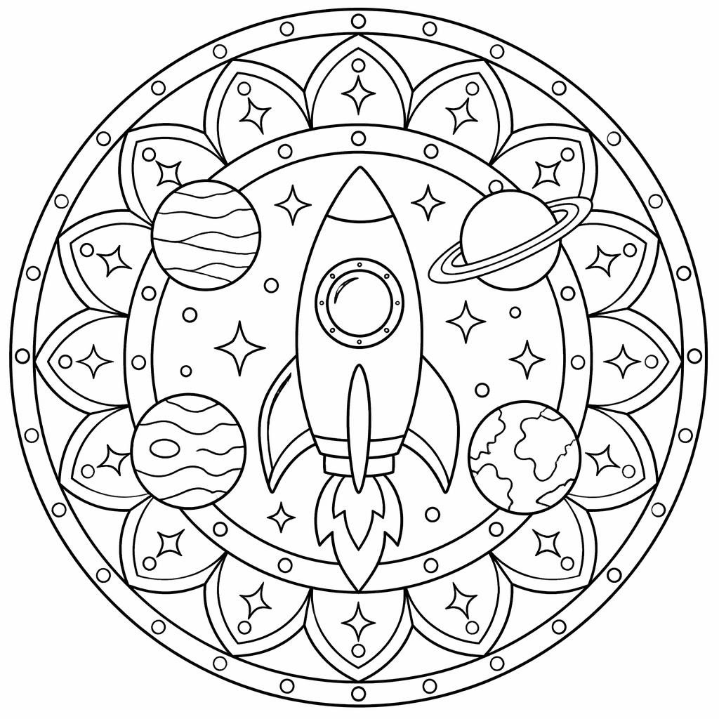 Schwarz-weiße Ausmalillustration mit Weltraumrakete, Planeten und kindgerechten Details im klaren Line-Art-Stil.