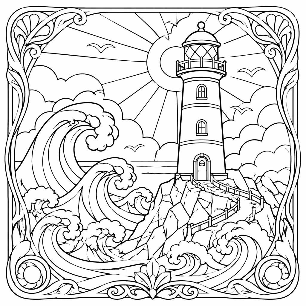 Illustration noir et blanc d’un phare avec vagues, style art nouveau, contours épais, pour coloriage enfants 11+