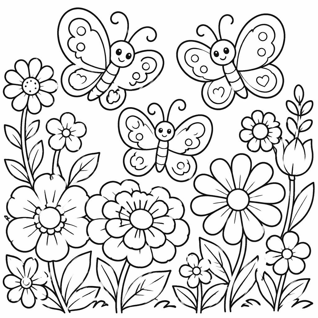 Black-and-white kids coloring page with cute butterflies and detailed flowers in chunky cartoon outlines.