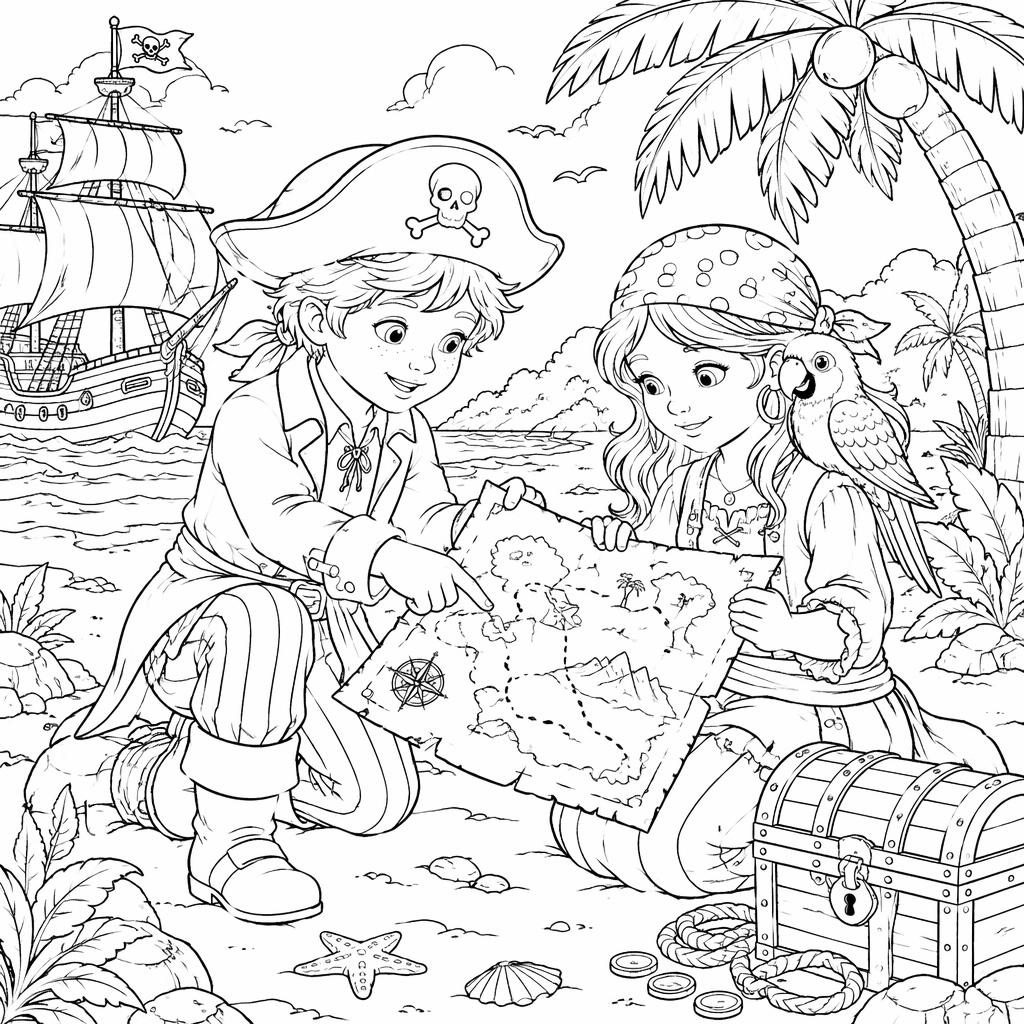Schwarz-weiße Ausmalillustration mit Piratenkindern und Schatzkarte als saubere Line-Art auf weißem Hintergrund.