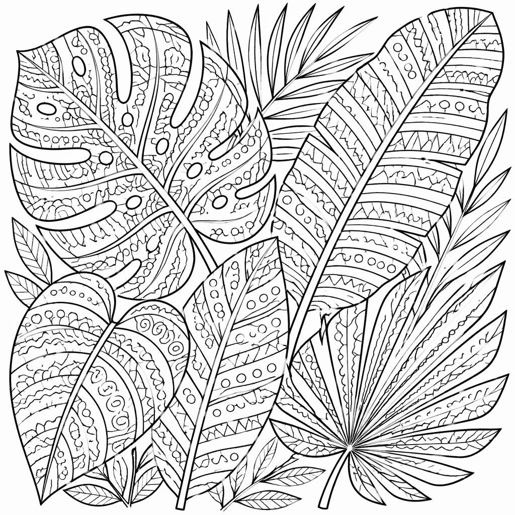 Ilustración para colorear en blanco y negro con hojas tropicales estilo zentangle y trazo limpio tipo caricatura.