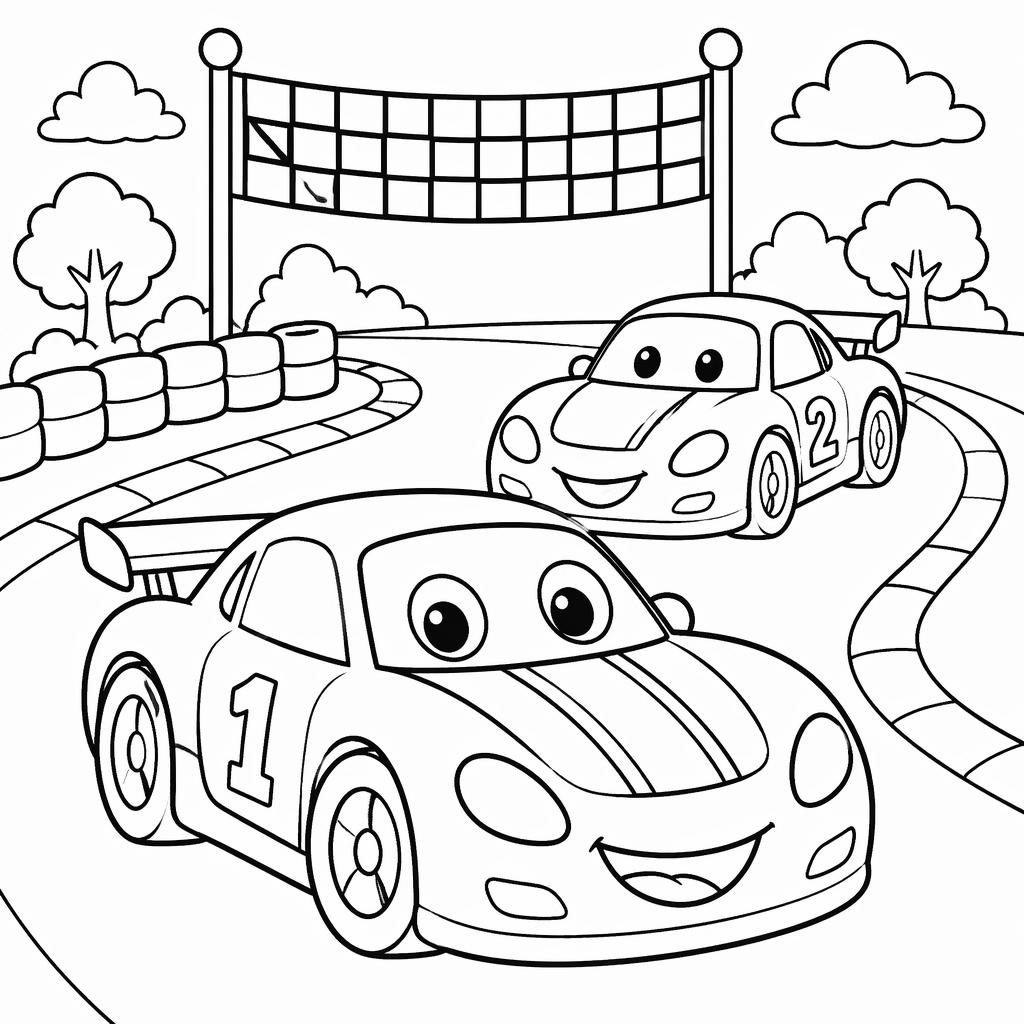 Ilustración infantil en blanco y negro de coches de carreras estilo caricatura, con contornos limpios para colorear.