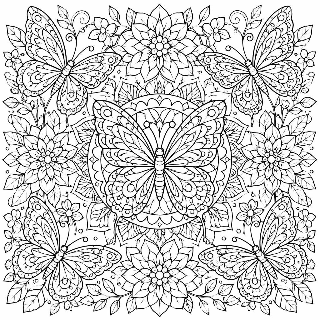Illustration à colorier en noir et blanc avec papillons détaillés, fleurs complexes et motifs mandala géométriques.