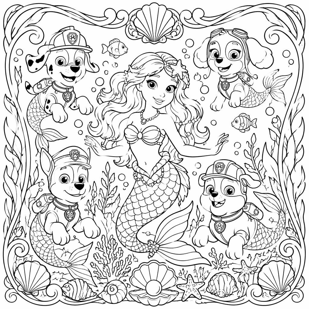 Ilustración en blanco y negro de una sirena bajo el mar con elementos marinos, estilo art nouveau para colorear.