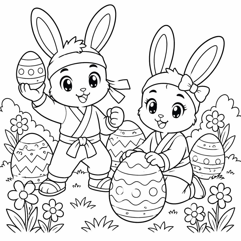 Schwarz-weiße Ausmalseite mit Hasenkindern und Ostereiern, einfache Manga-Linien, ohne Schattierung.