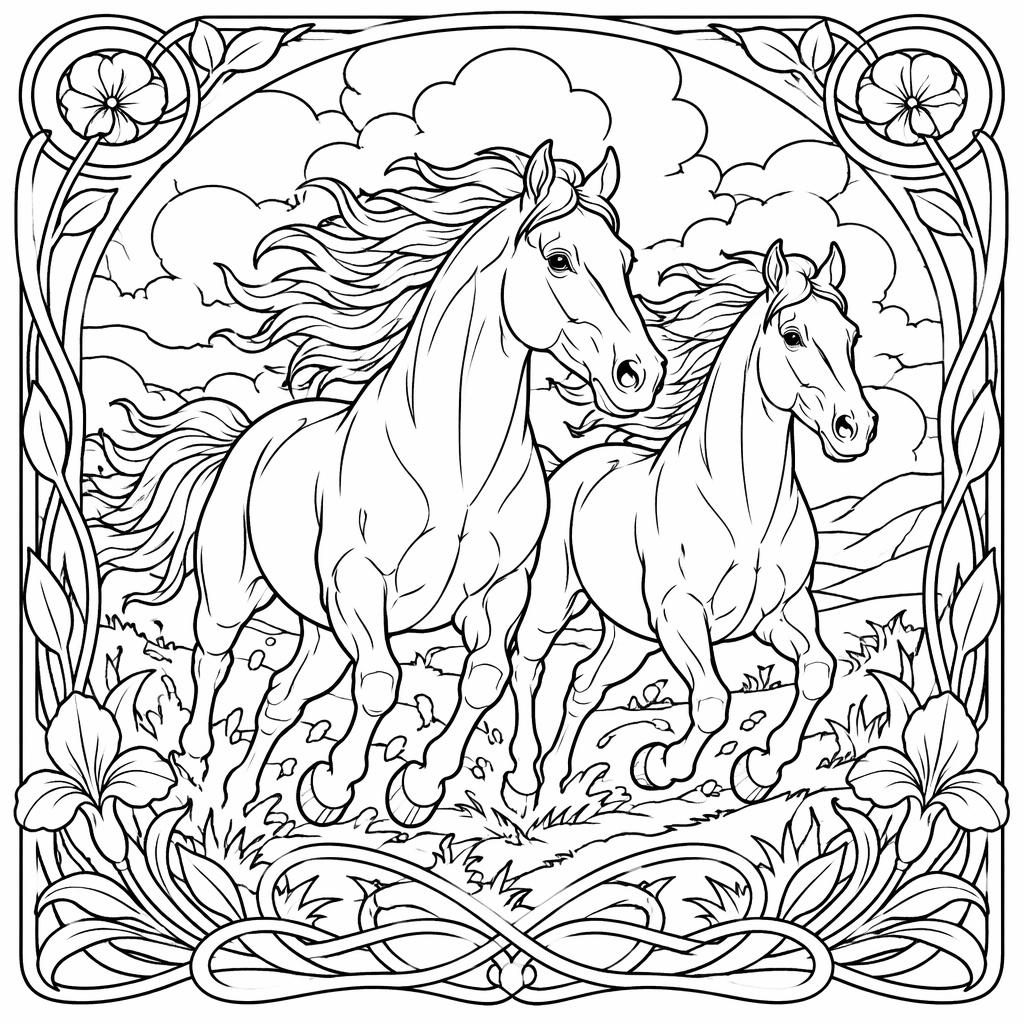 Černobílá omalovánka s běžícími koňmi v detailním stylu art nouveau, čisté obrysy na bílém pozadí.
