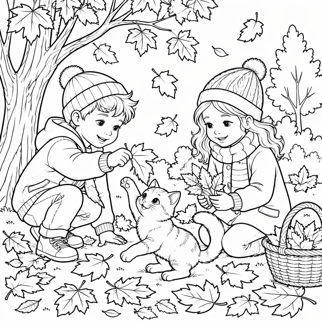 Illustration noir et blanc d’un chat joueur avec des enfants, en contours simples, style page de coloriage imprimable.