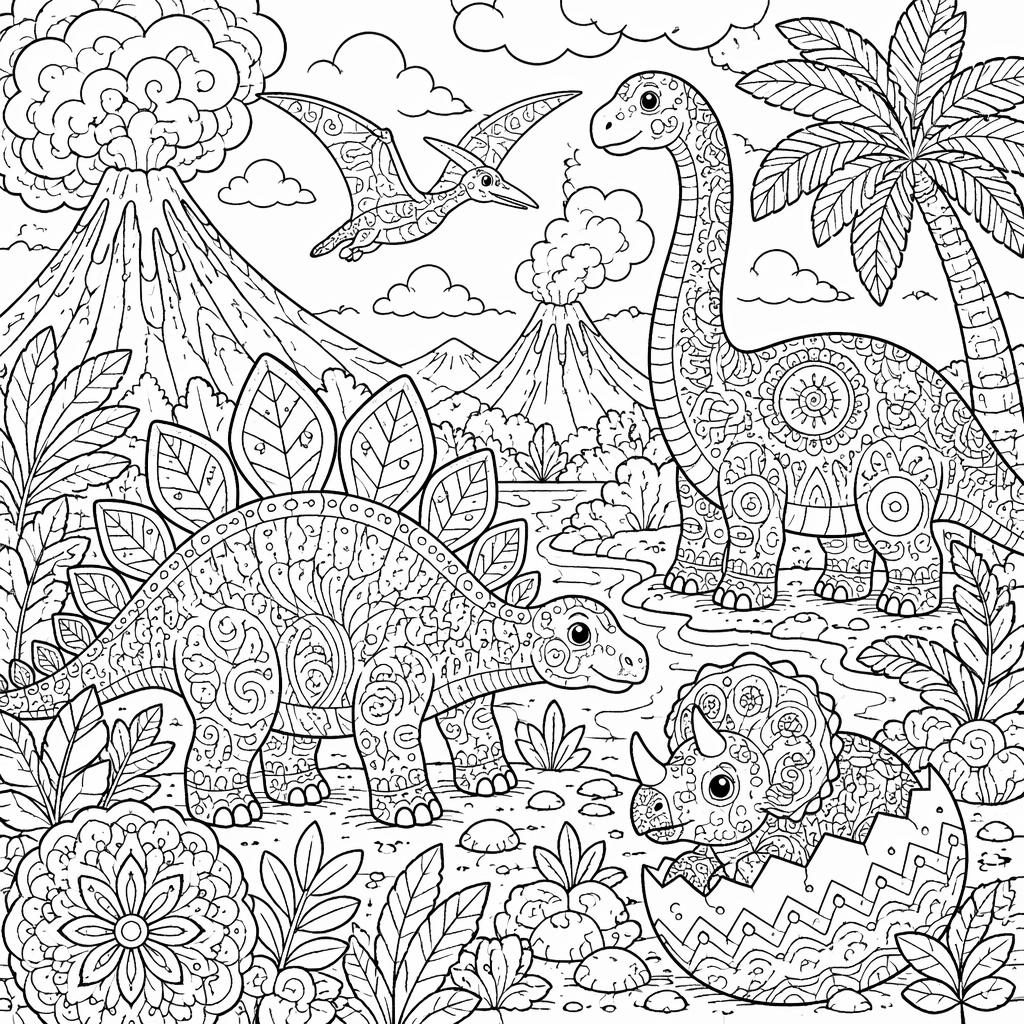 Illustration noir et blanc à colorier avec scènes de dinosaures pour enfants, en style mandala zentangle très détaillé.