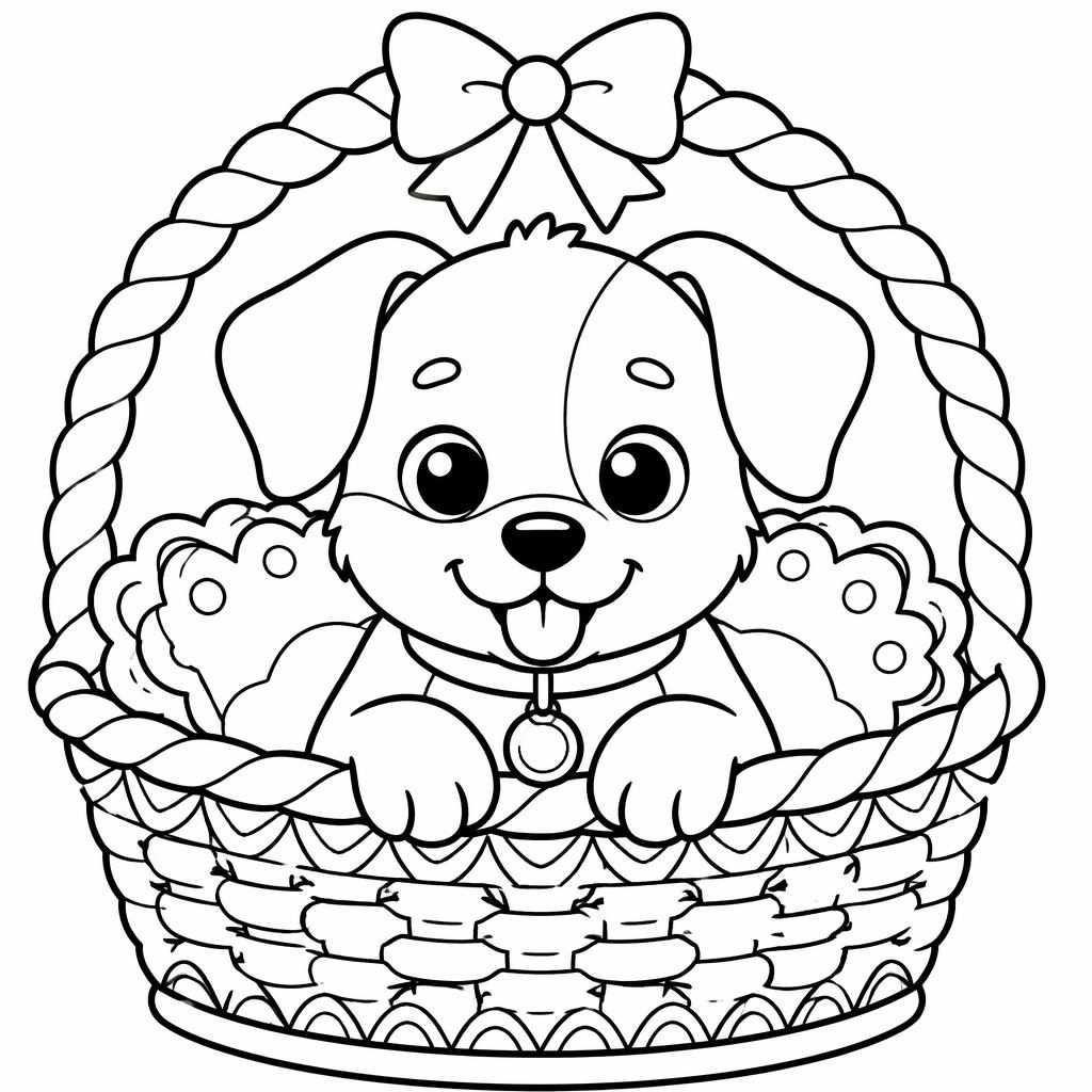 Ilustración en blanco y negro de un cachorro en una cesta, estilo mandala geométrico, con líneas gruesas para niños.
