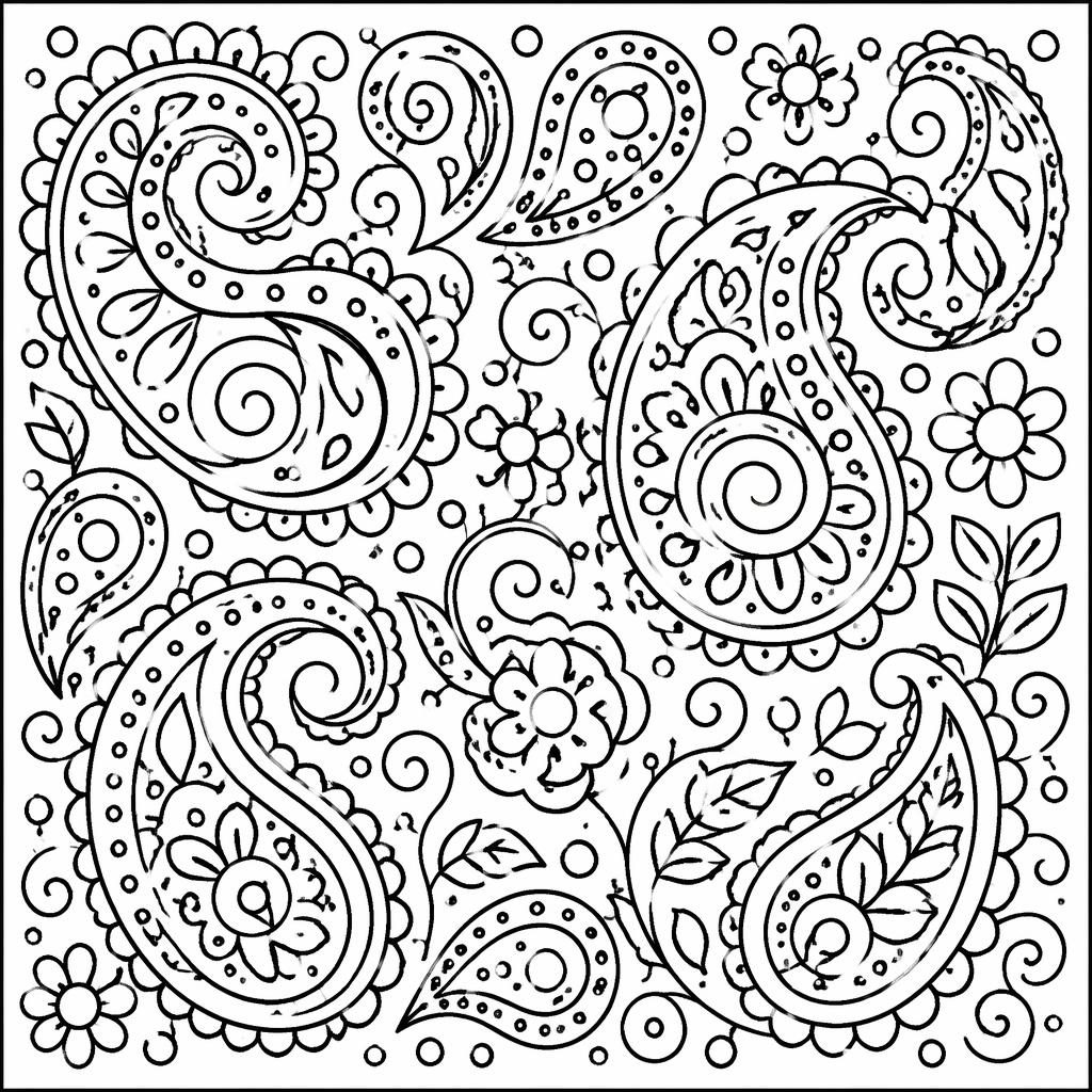 Black-and-white coloring page with intricate paisley patterns, chunky outlines, dots, lines, and spirals on white.
