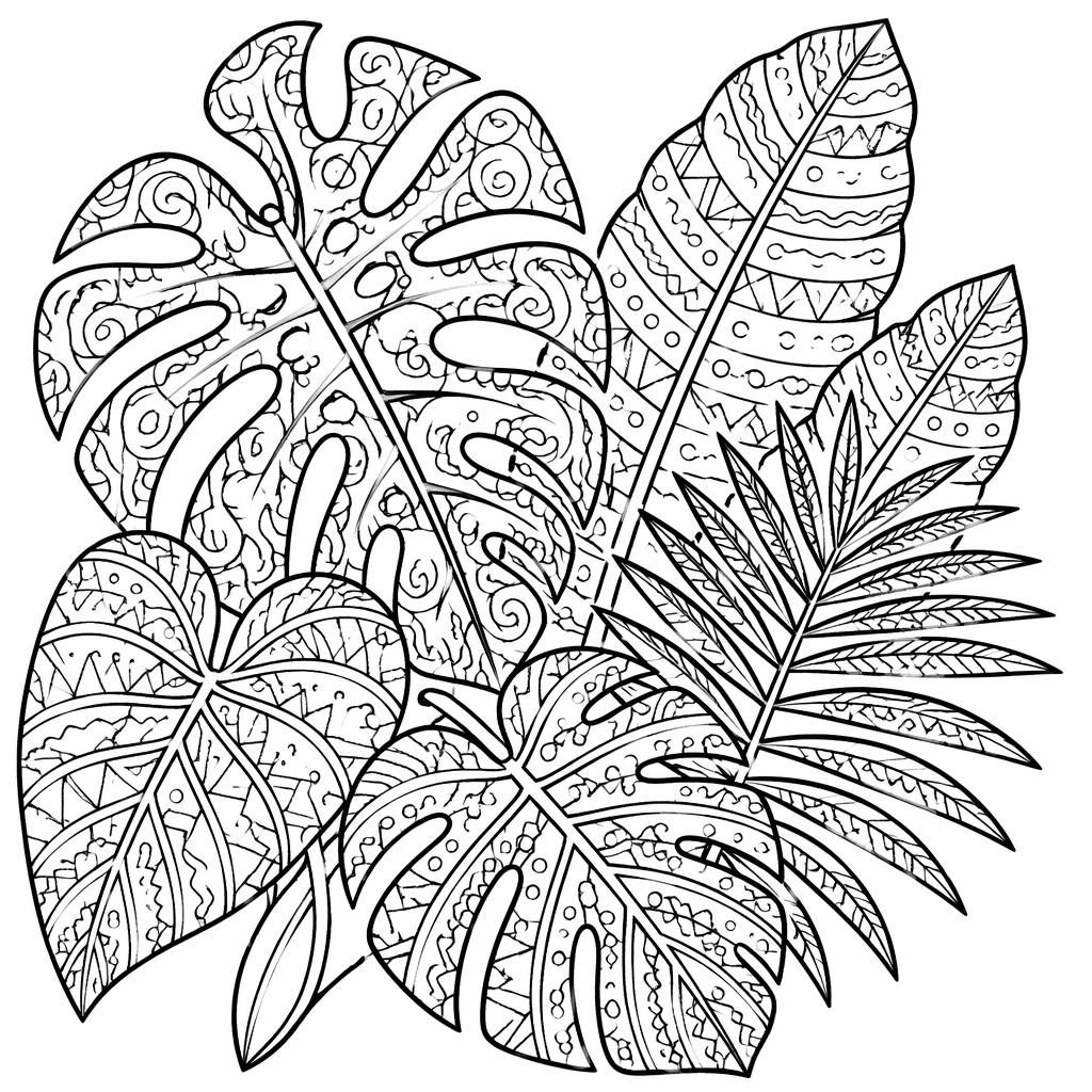 Černobílá omalovánka s tropickými listy ve stylu zentangle, čisté obrysy na bílém pozadí.