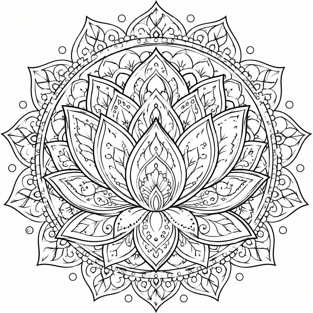 Schwarz-weiße Ausmalseite mit filigranem Mandala-Lotus als botanische Line-Art auf weißem Hintergrund.