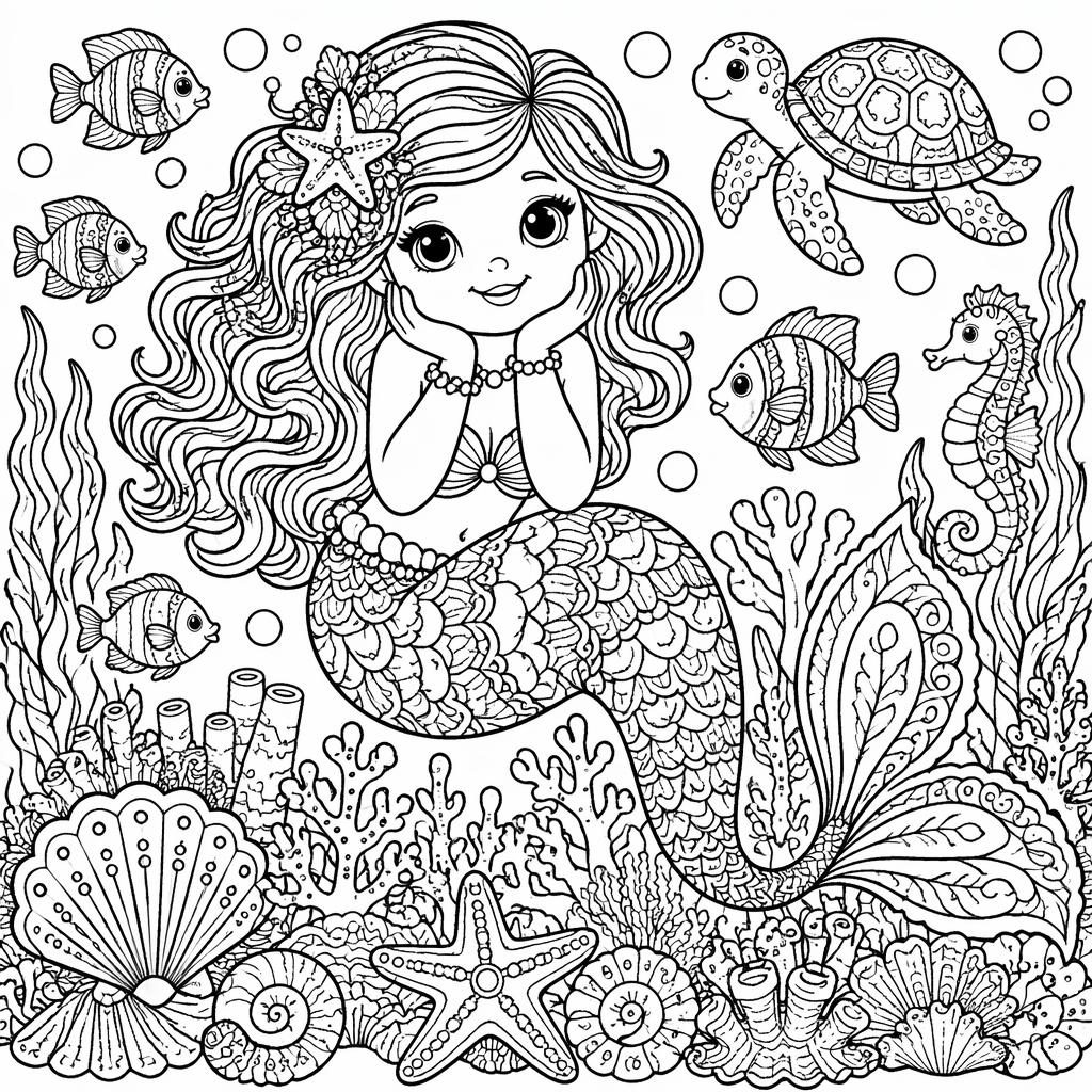 Schwarz-weiße Ausmalvorlage mit Meerjungfrau unter Wasser, Fischen, Muscheln und detailreichen Zentangle-Mustern