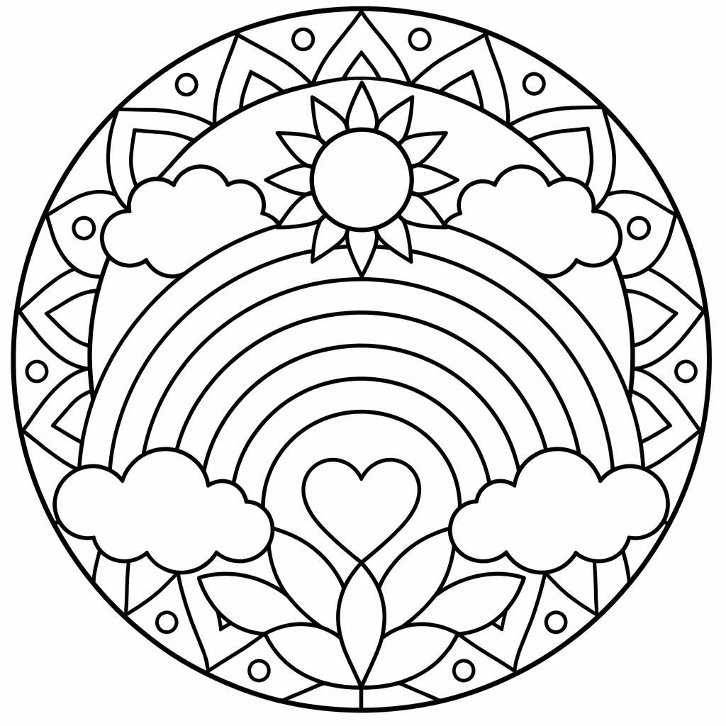 Black-and-white mandala geometric adult coloring page with chunky outlines, closed shapes, and a clean white background.
