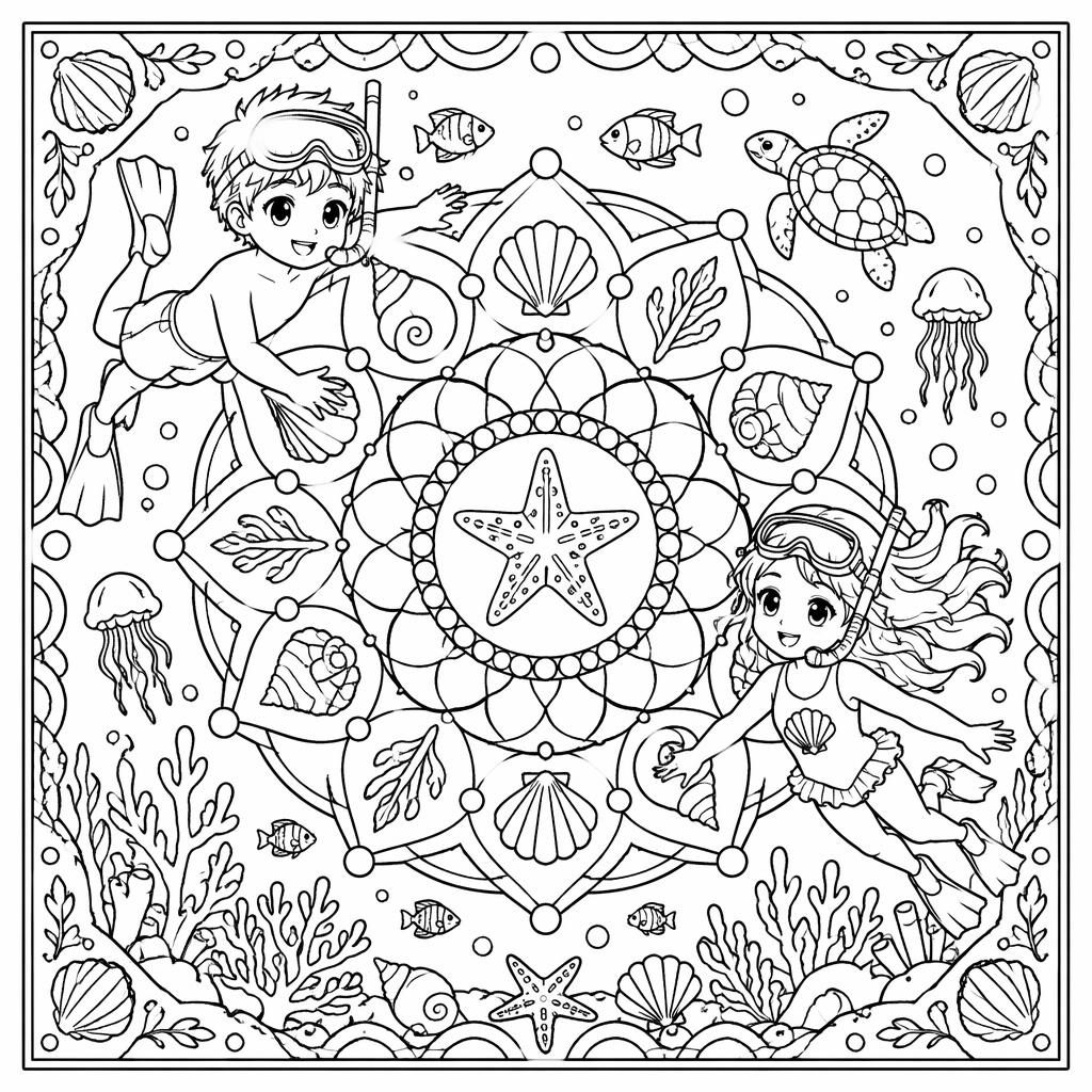 Ilustración para colorear en blanco y negro de una escena submarina infantil con peces y formas cerradas