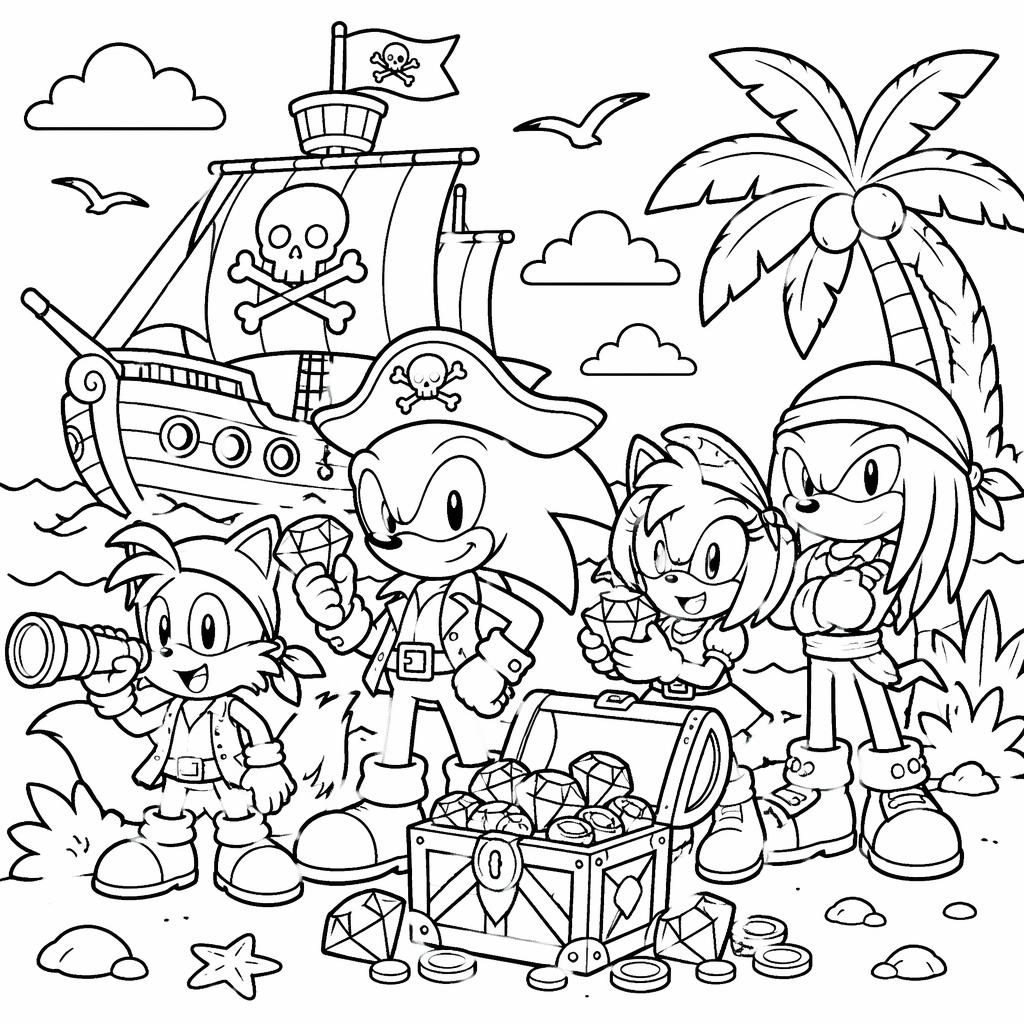 Illustration noir et blanc d’un bateau pirate avec trésor, style mandala simple pour enfants, contours nets à colorier.