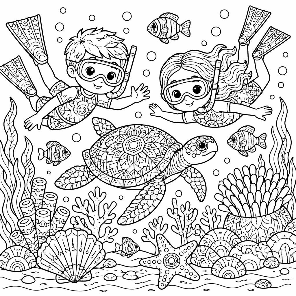 Illustration noir et blanc d’une scène sous-marine pour enfants, avec poissons, coraux et formes mandala à colorier.