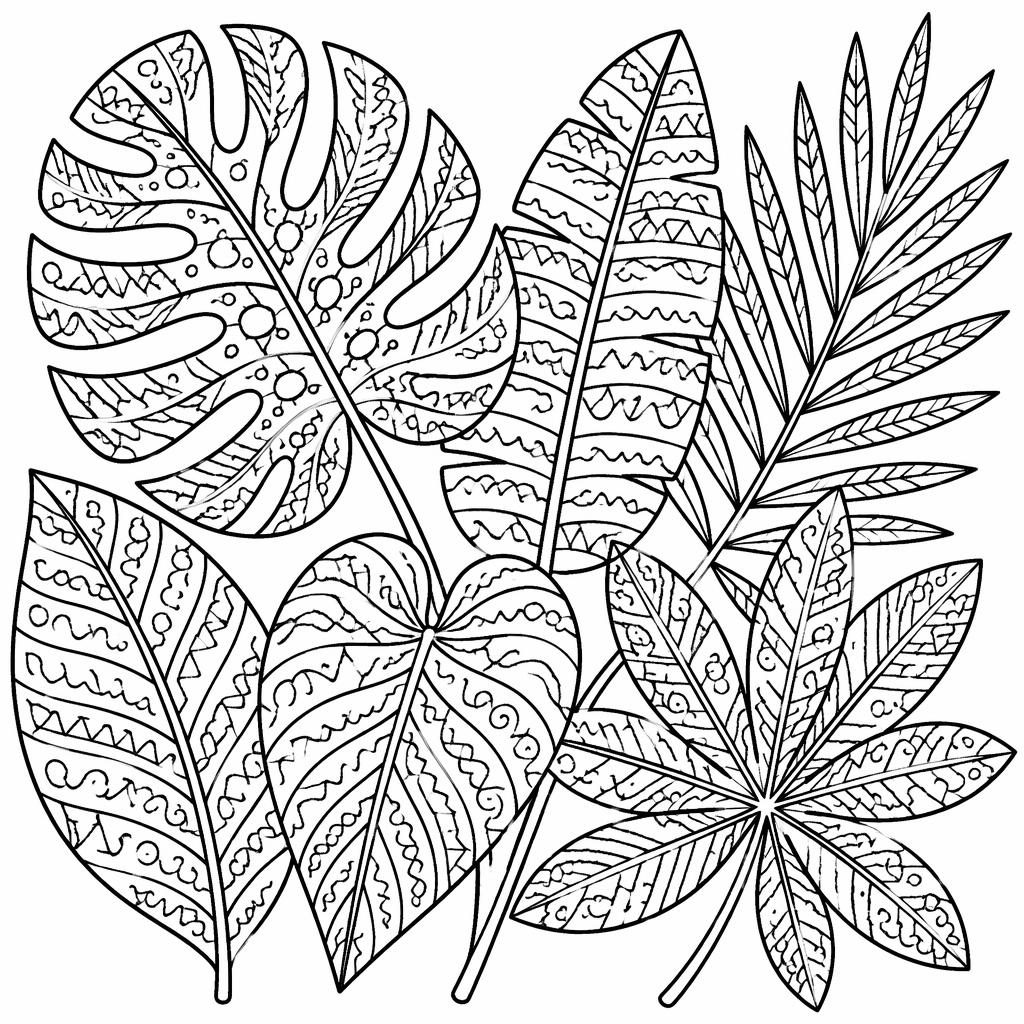 Ilustración para colorear en blanco y negro de hojas tropicales estilo zentangle, con líneas limpias y fondo blanco.