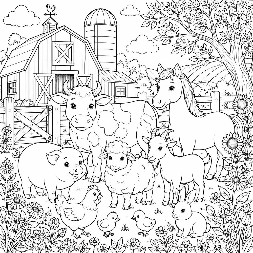 Illustration noir et blanc d’animaux de la ferme pour enfants, en line art imprimable, avec détails botaniques.