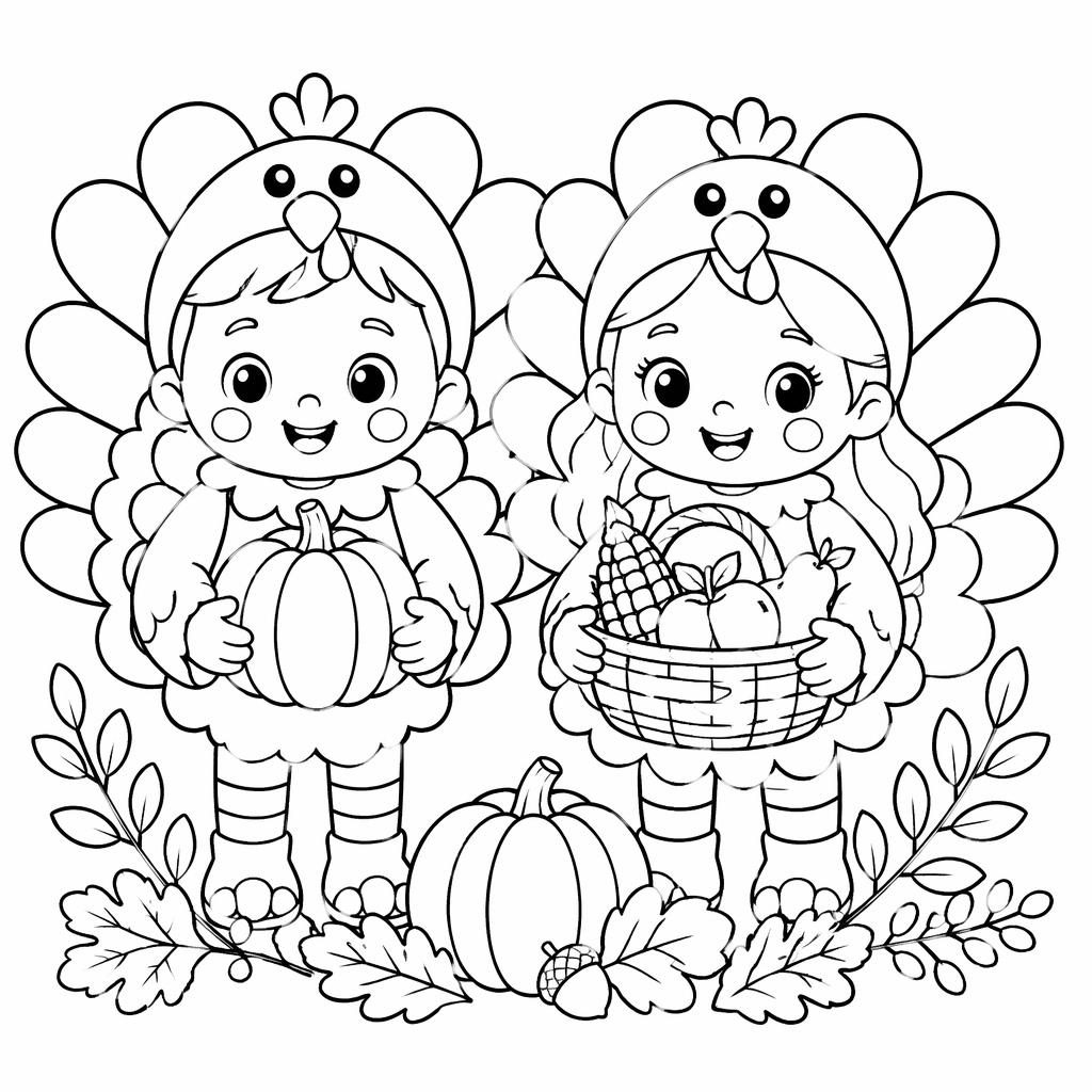 Ilustración para colorear en blanco y negro de un pavo infantil con niños, estilo botánico y líneas simples.