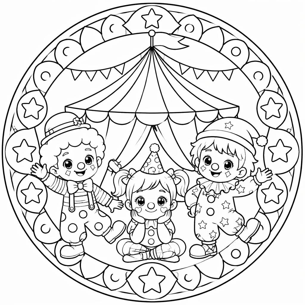 Ilustración para colorear en blanco y negro con carpa de circo, payasos niños y estilo manga simple.