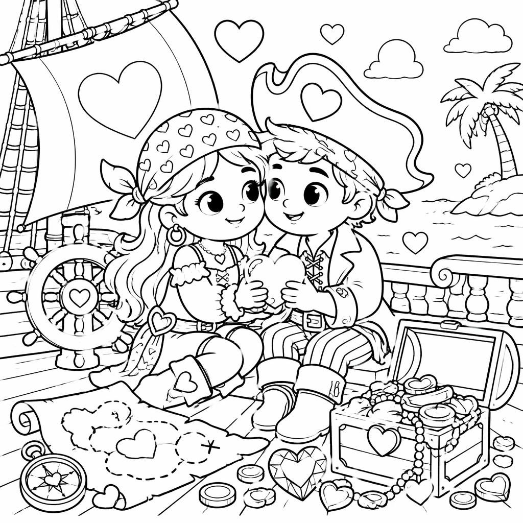 Black-and-white coloring page of a cute pirate ship with treasure and kids in clean printable line art.