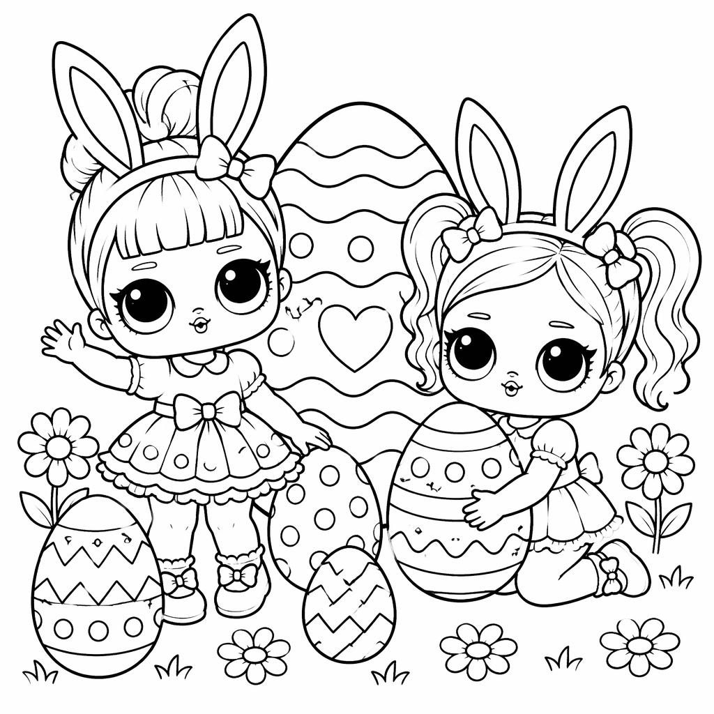Illustration noir et blanc à colorier avec enfants lapins mignons et œufs de Pâques, contours épais, fond blanc