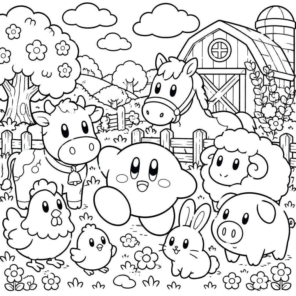 Schwarz-weiße Ausmalseite mit freundlichen Farmtieren für Kinder im einfachen Zentangle-Doodle-Linienstil.