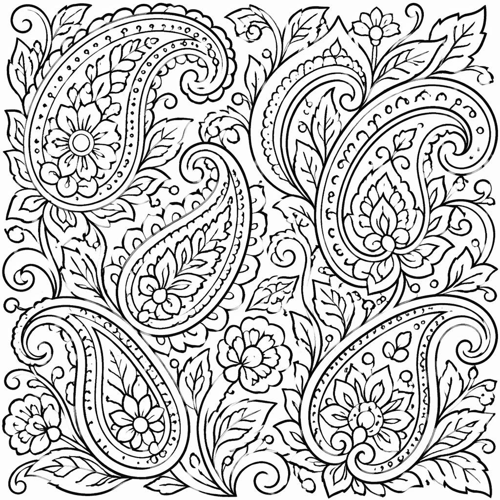 Página para colorear en blanco y negro con patrones paisley intrincados y detalles botánicos de contorno limpio.