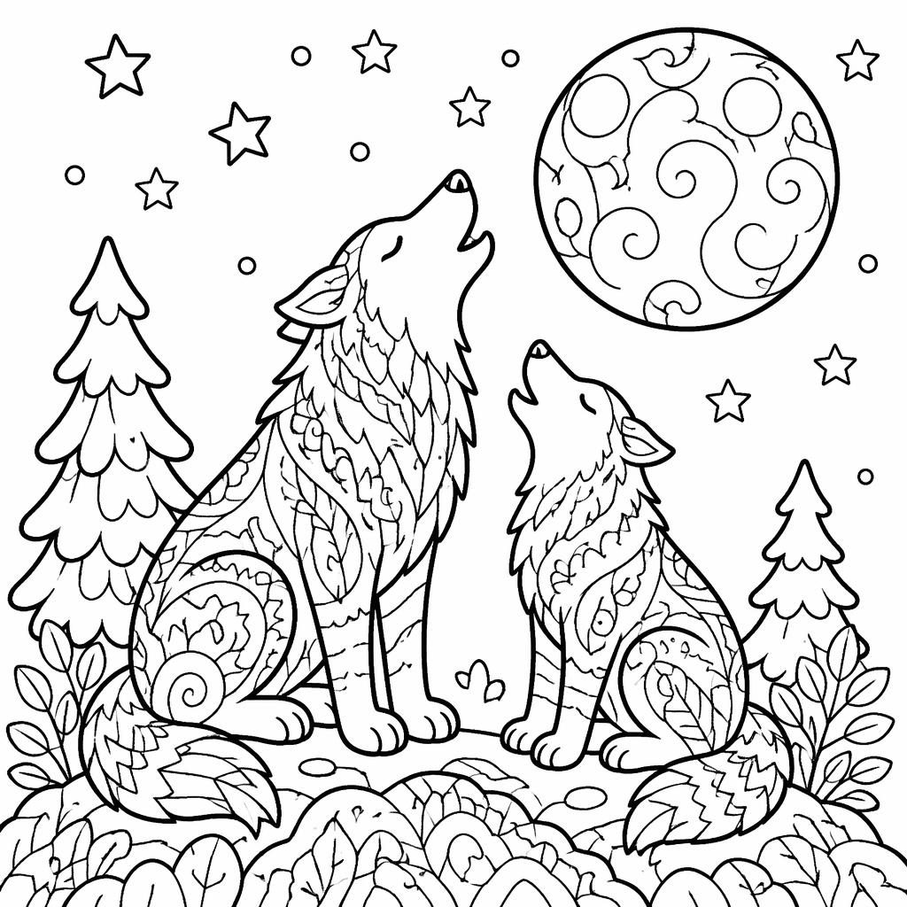 Illustration noir et blanc à colorier de loups adultes hurlant à la lune, style doodle aux traits épais pour enfants