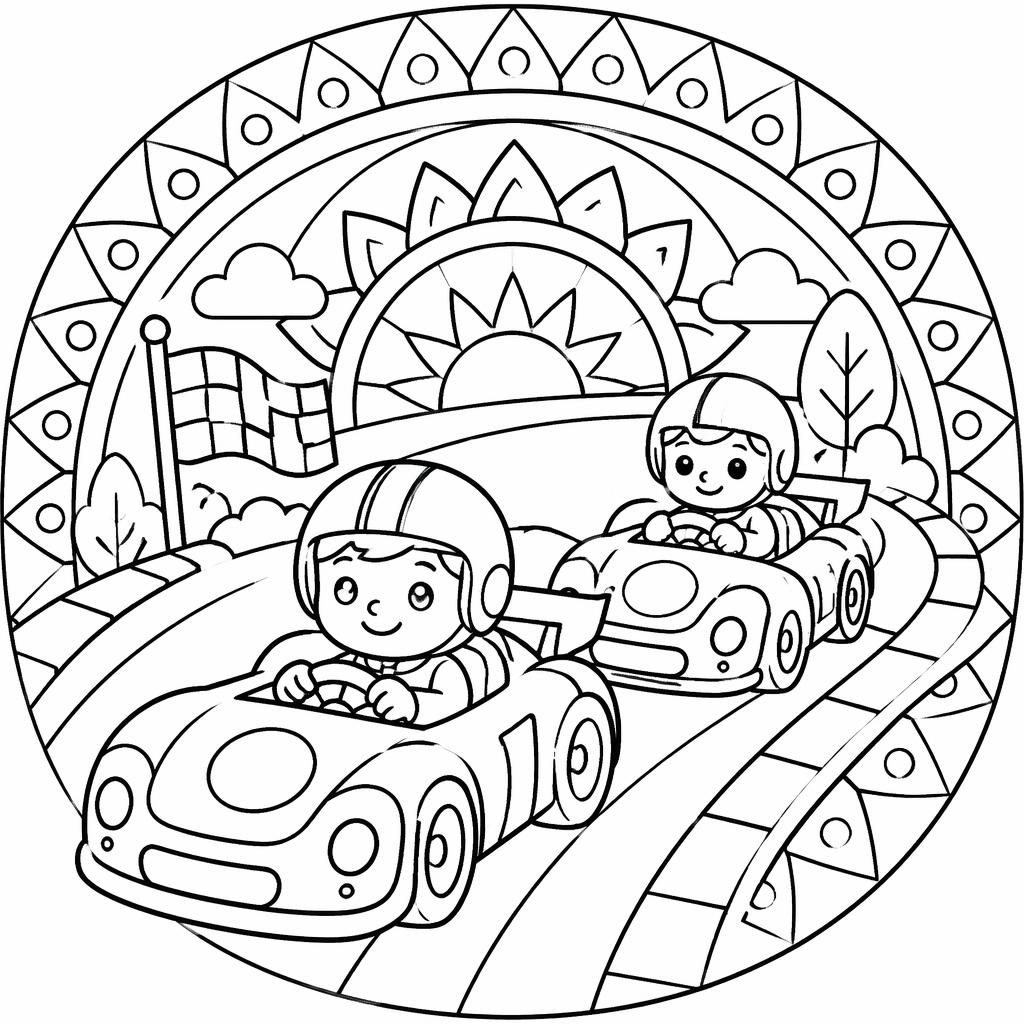 Illustration noir et blanc à colorier avec voitures de course pour enfants, style mandala géométrique, contours nets.
