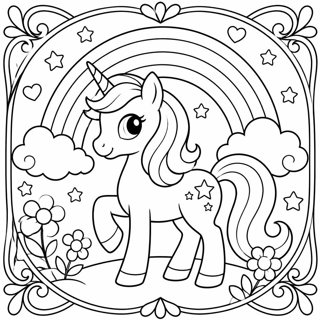 Schwarz-weißes Ausmalbild mit einem einfachen Einhorn und Regenbogen im Art-Nouveau-Linienstil.