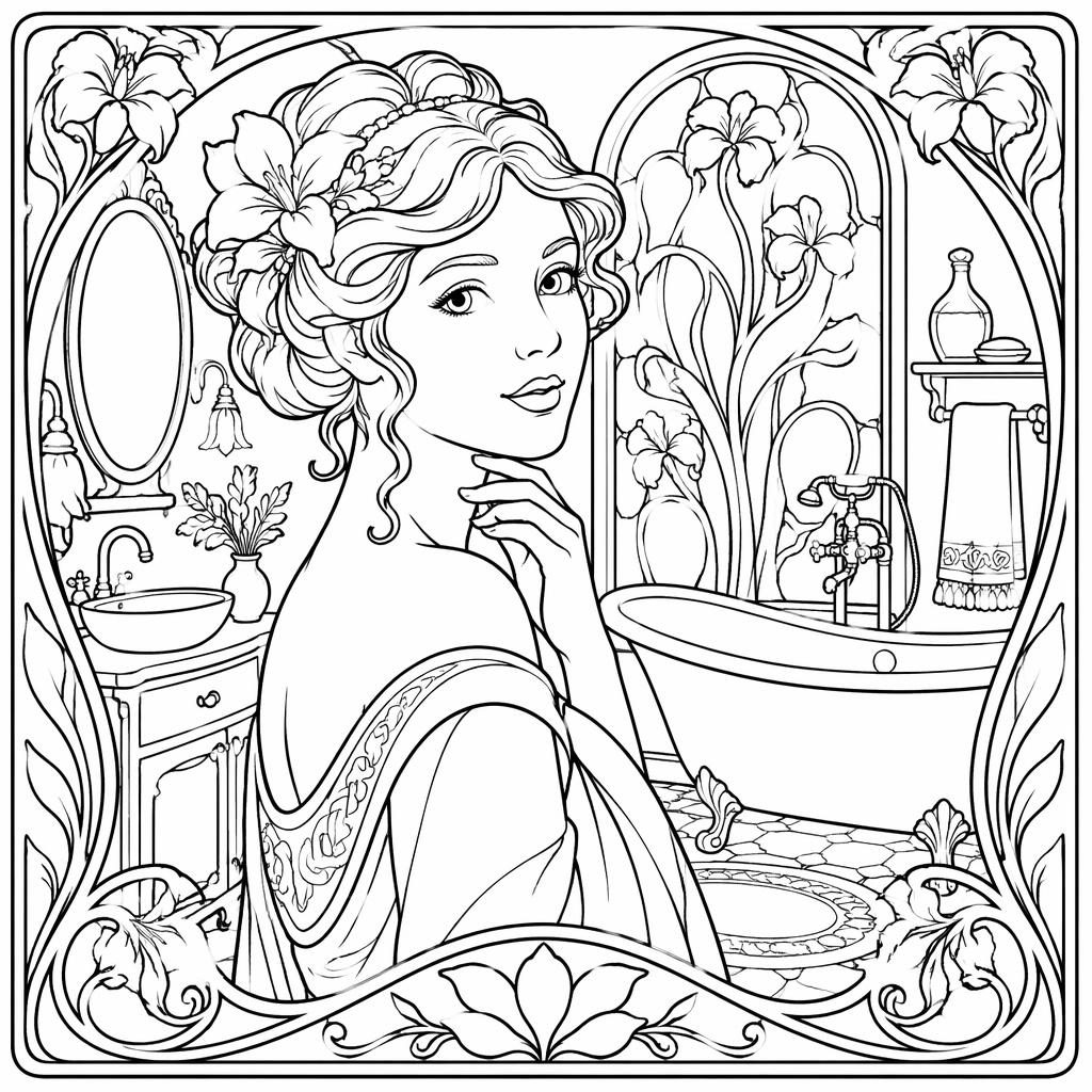 Portrait de femme art nouveau en noir et blanc, style coloriage imprimable aux contours nets sur fond blanc.