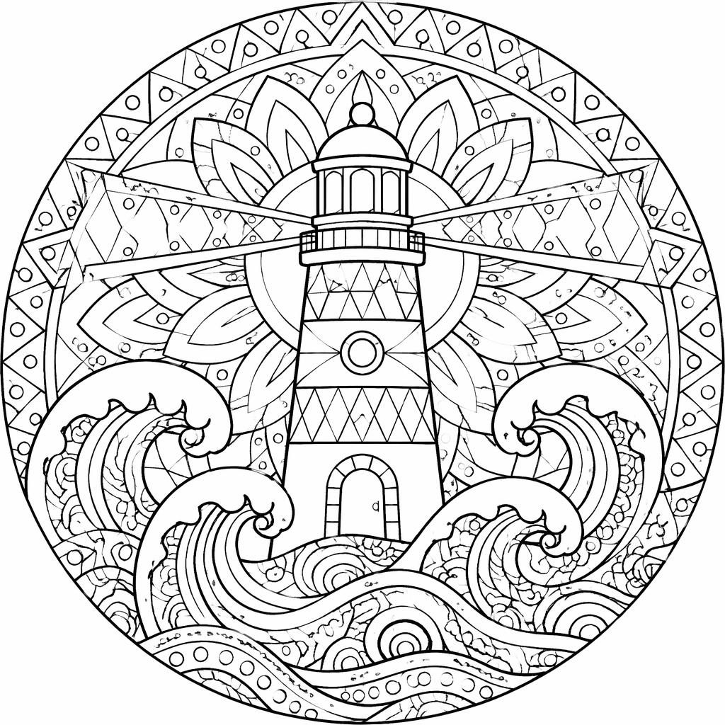 Black-and-white coloring page with a lighthouse, flowing waves, and simple mandala geometric details.