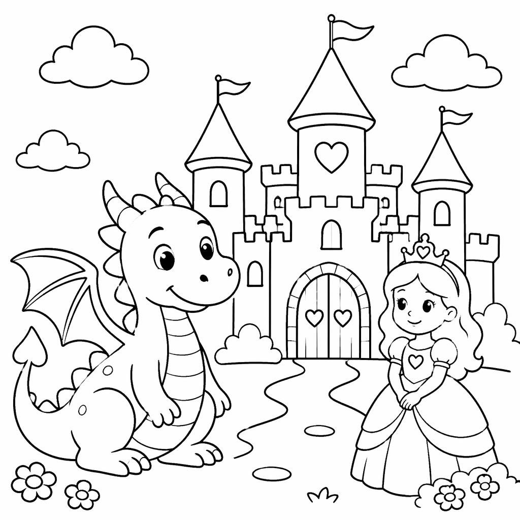 Illustration noir et blanc d’un château de princesse féerique avec dragon mignon, style coloriage simple pour enfants.