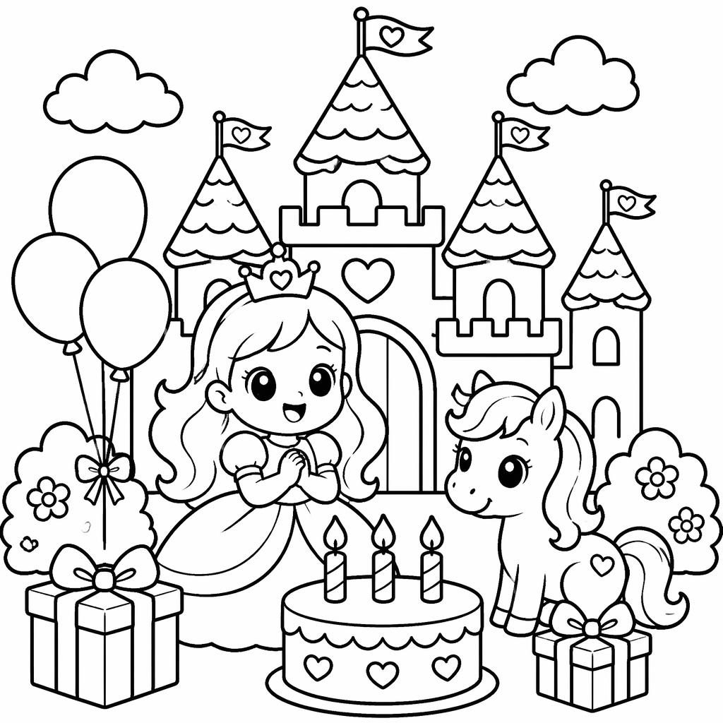 Illustration noir et blanc d’un château de princesse féerique pour enfants, avec traits épais et formes simples.