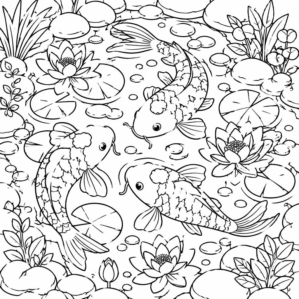 Schwarz-weißes Ausmalbild mit niedlichem Brautpaar im Cartoonstil und dekorativem Koi-Teich als klare Line-Art.