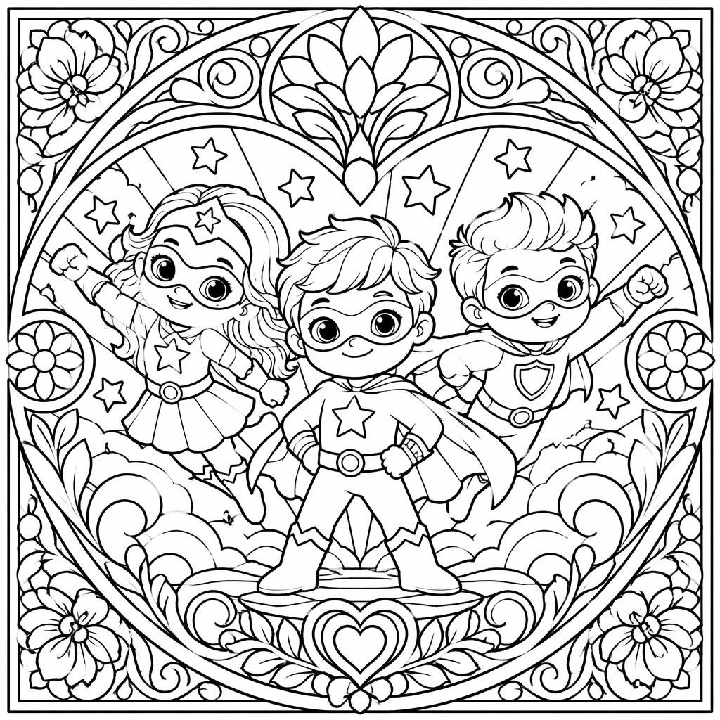 Ilustración para colorear en blanco y negro de niños superhéroes caricaturescos con líneas gruesas y detalles art nouveau.