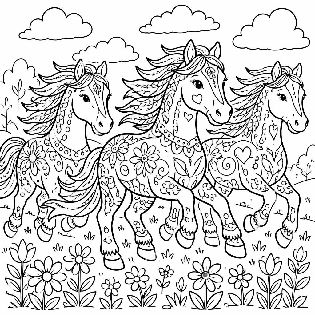 Schwarz-weiße Ausmalbild-Illustration mit mehreren laufenden Pferden in dicken, klaren Konturen auf weißem Hintergrund.