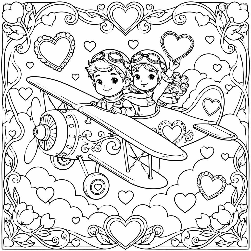 Ilustración para colorear en blanco y negro con corazones de San Valentín para niños, detalles intrincados y estilo art nouveau.