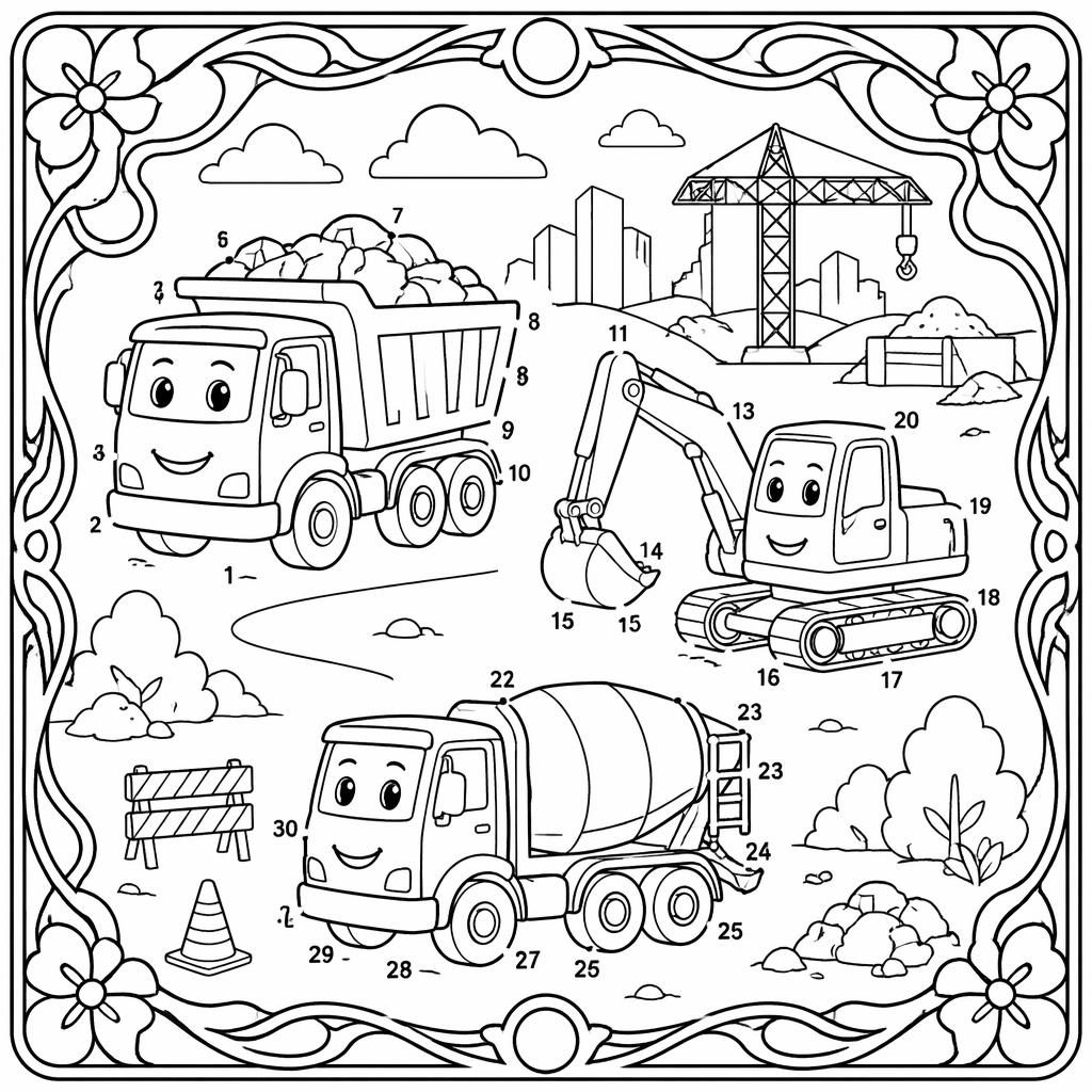 Illustration noir et blanc de camions de chantier pour enfants, style art nouveau, contours épais à colorier.