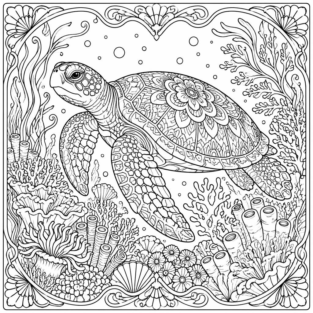 Ilustración para colorear en blanco y negro de una tortuga marina adulta con arrecife, estilo art nouveau detallado.
